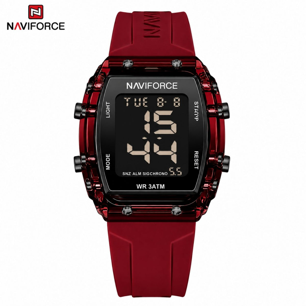 Naviforce Reloj Digital Rojo con Negro con Pantalla LCD, Correa de Silicona, Diámetro de 35 mm, Luz LED y Resistencia al Agua 3 ATM.
