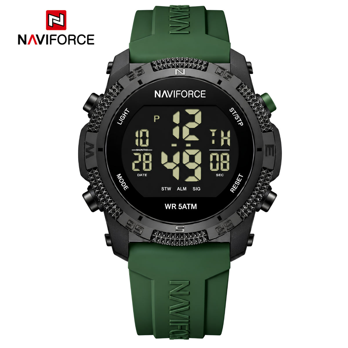 Naviforce Reloj Digital Negro con Detalles Verdes, Correa de Silicona, Diámetro de 45 mm, Cristal Acrílico HD y Resistencia al Agua 5 ATM.