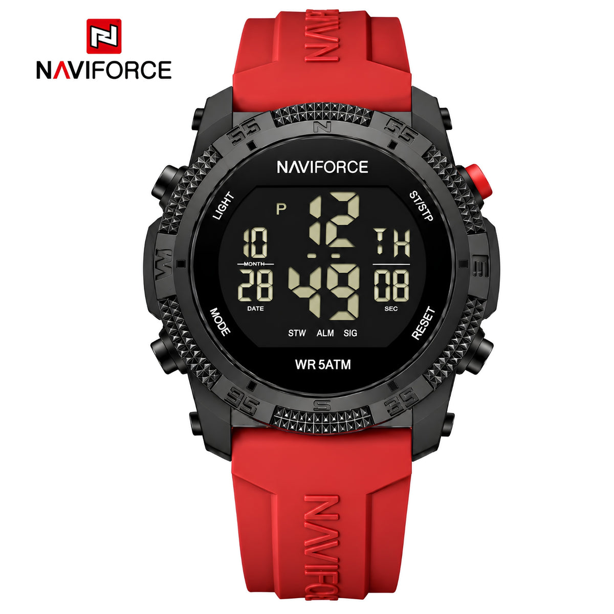 Naviforce Reloj Digital Negro con Detalles Rojos, Correa de Silicona, Diámetro de 45 mm, Cristal Acrílico HD y Resistencia al Agua 5 ATM.