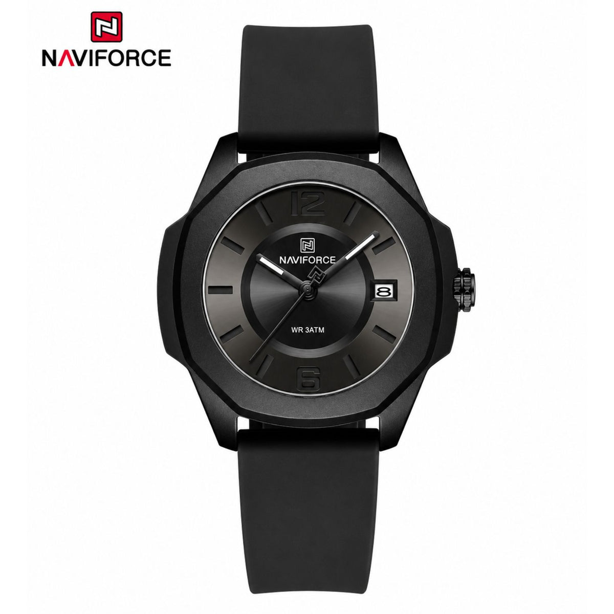Naviforce Reloj Analógico Negro con Correa de Silicona, Diámetro de 34 mm, Cristal Acrílico HD y Resistencia al Agua 5 ATM.
