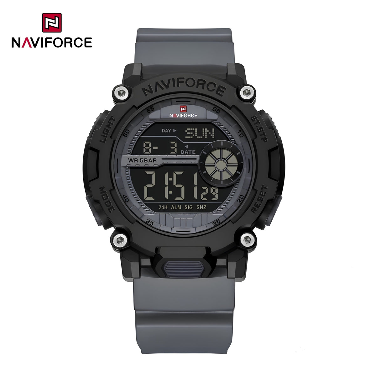 Naviforce Reloj Digital Gris Oscuro con Detalles Negros, Correa de TPU, Diámetro de 45 mm, Cristal Acrílico HD y Resistencia al Agua 5 ATM.