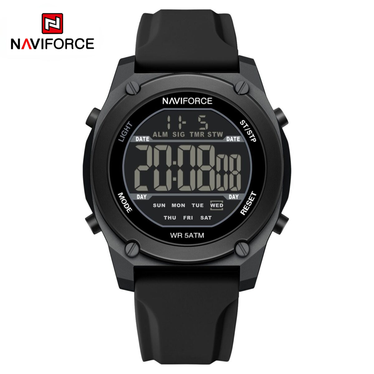 Naviforce Reloj Digital Negro con Correa de Silicona, Diámetro de 48 mm, Cristal Acrílico HD y Resistencia al Agua 5 ATM.