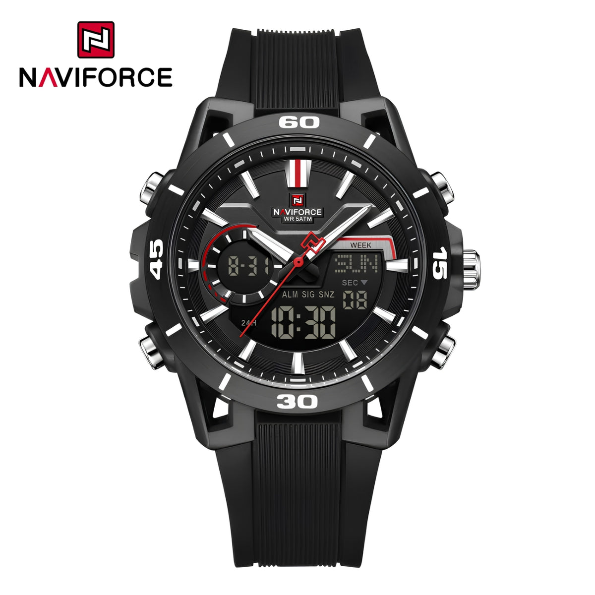Naviforce Reloj Analógico y Digital Negro con Correa de Silicona, Diámetro de 44 mm, Cristal Acrílico HD y Resistencia al Agua 5 ATM.