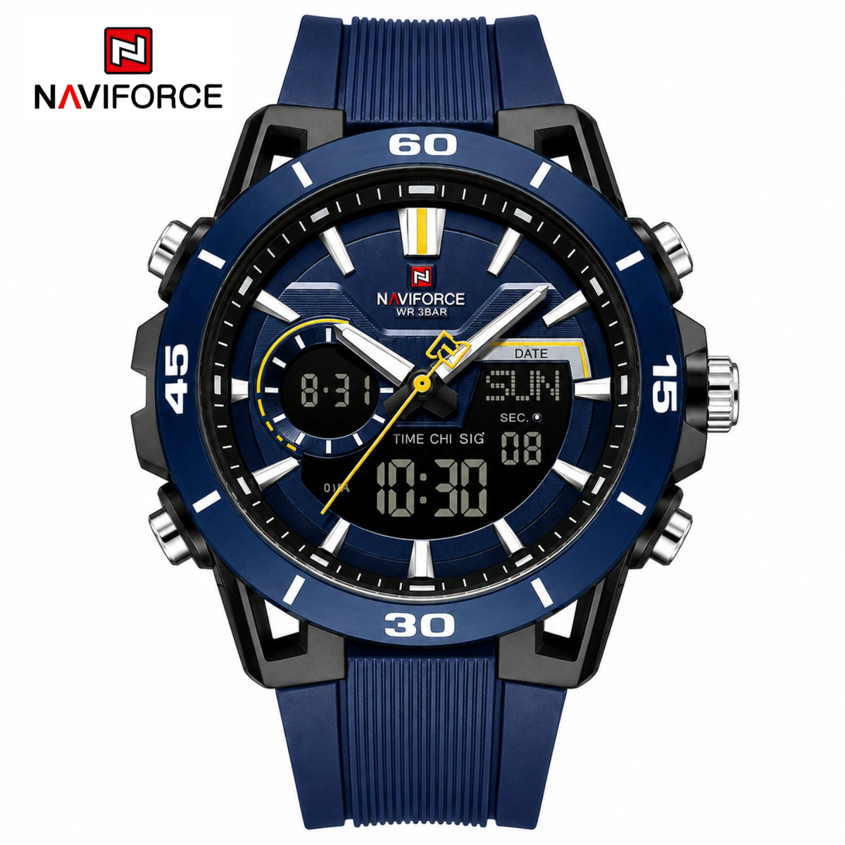 Naviforce Reloj Analógico y Digital Azul con Detalles Negros, Correa de Silicona, Diámetro de 44 mm y Resistencia al Agua 5 ATM.
