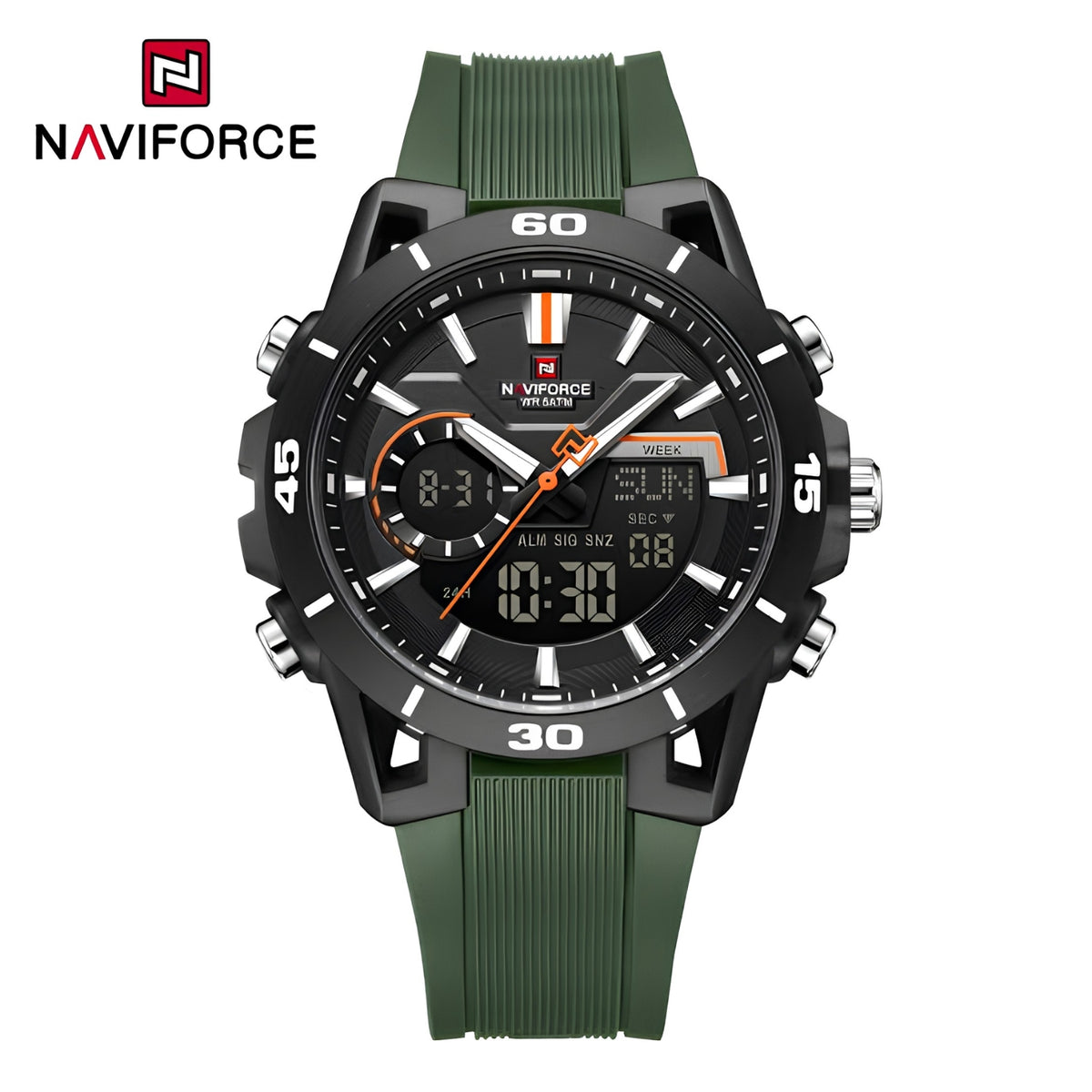 Naviforce Reloj Analógico y Digital Verde con Detalles Negros, Correa de Silicona, Diámetro de 44 mm y Resistencia al Agua 5 ATM.