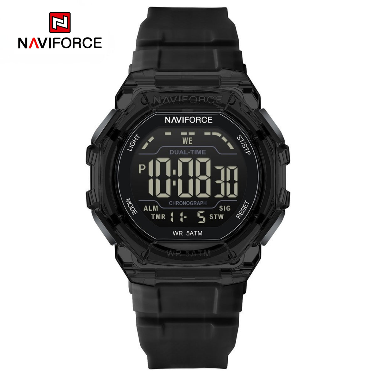 Naviforce Reloj Digital Negro, Correa de Silicona, Diámetro de 46 mm y Resistencia al Agua 5 ATM.