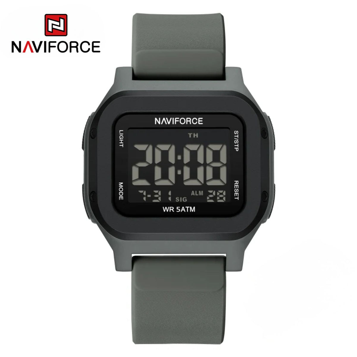 Naviforce Reloj Digital Gris con Correa de Silicona, Diámetro de 48 mm, Cristal Acrílico HD y Resistencia al Agua 5 ATM.