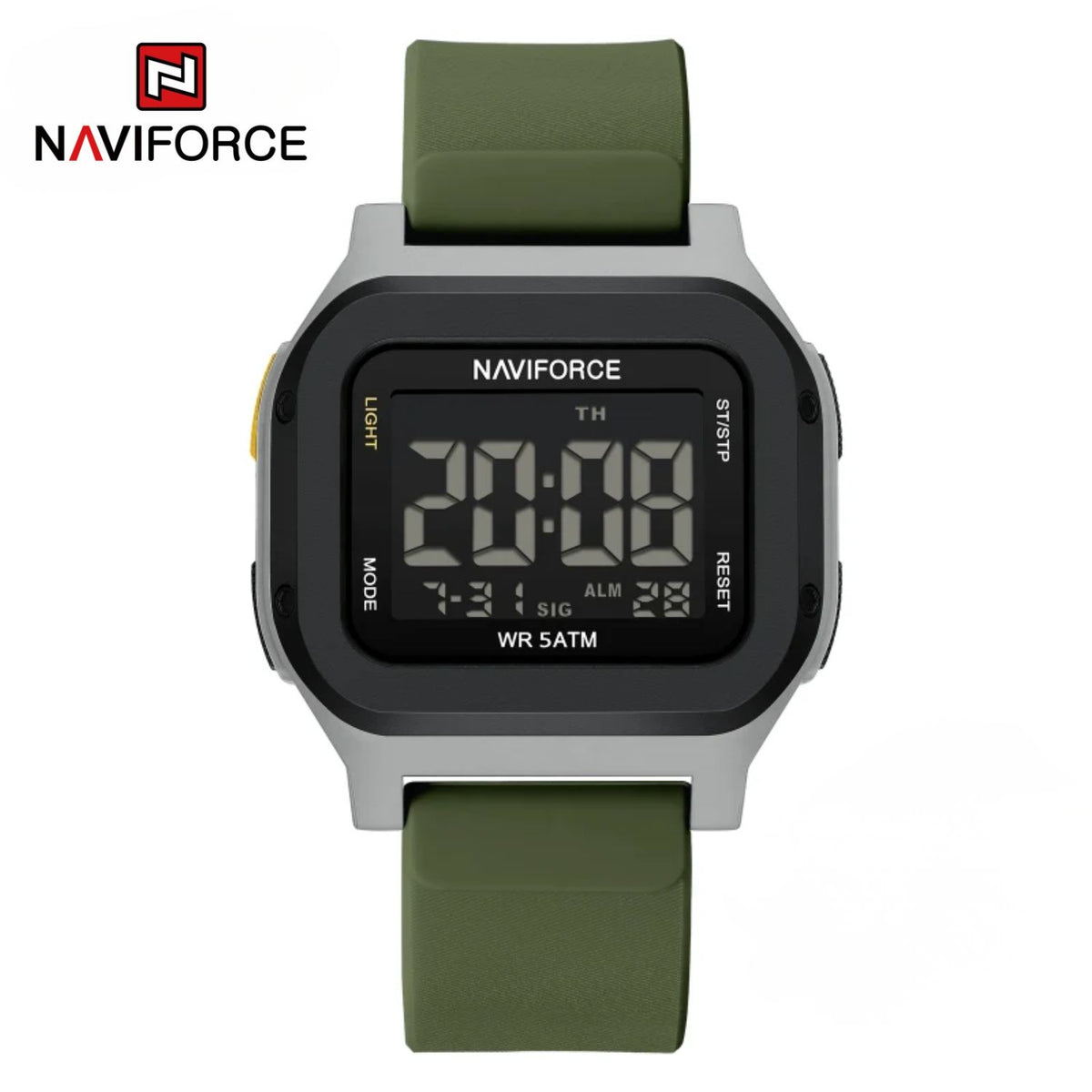 Naviforce Reloj Digital Verde Claro con Detalles Plateados, Correa de Silicona, Diámetro de 48 mm, Cristal Acrílico HD y Resistencia al Agua 5 ATM.