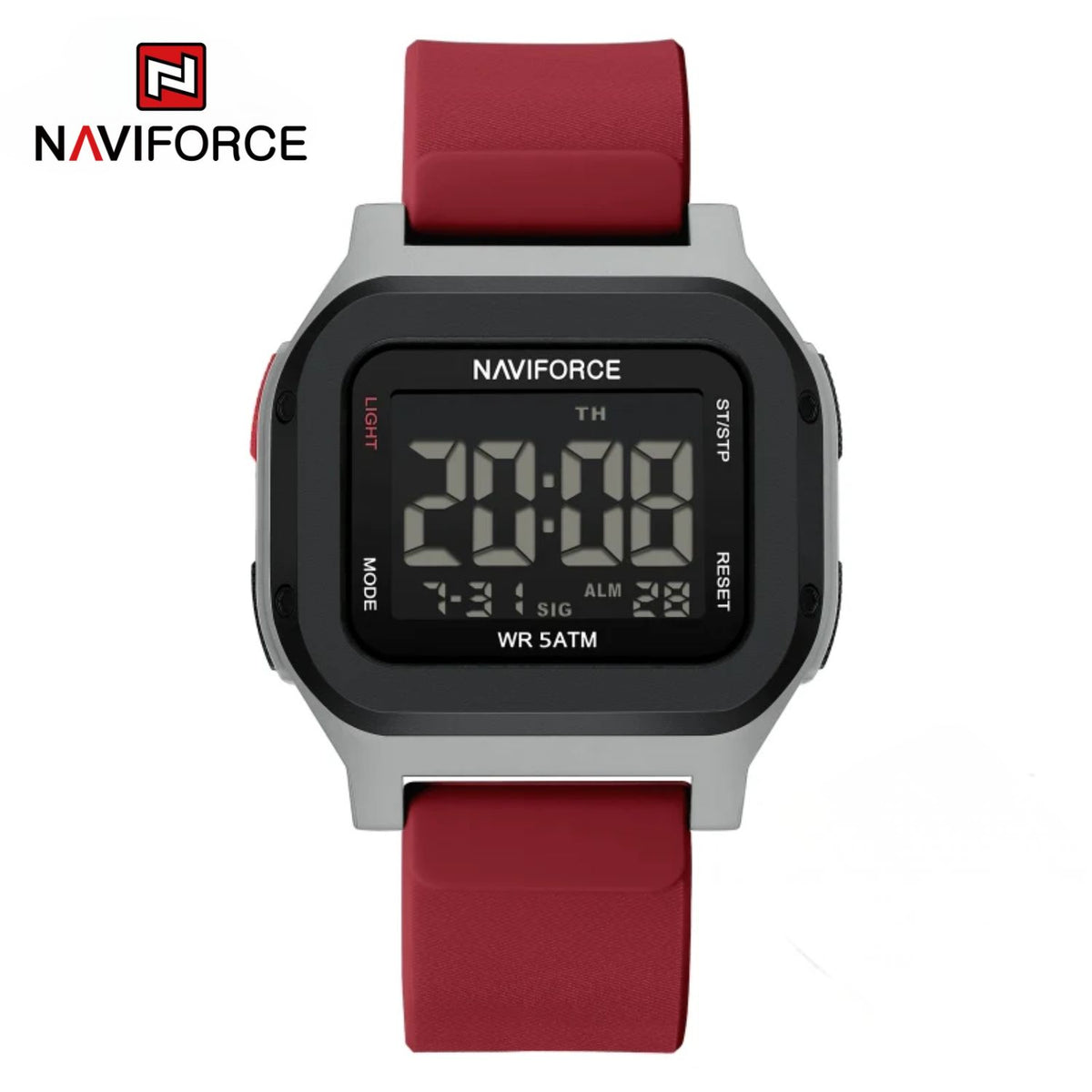 Naviforce Reloj Digital Rojo con Detalles Plateados, Correa de Silicona, Diámetro de 48 mm, Cristal Acrílico HD y Resistencia al Agua 5 ATM.