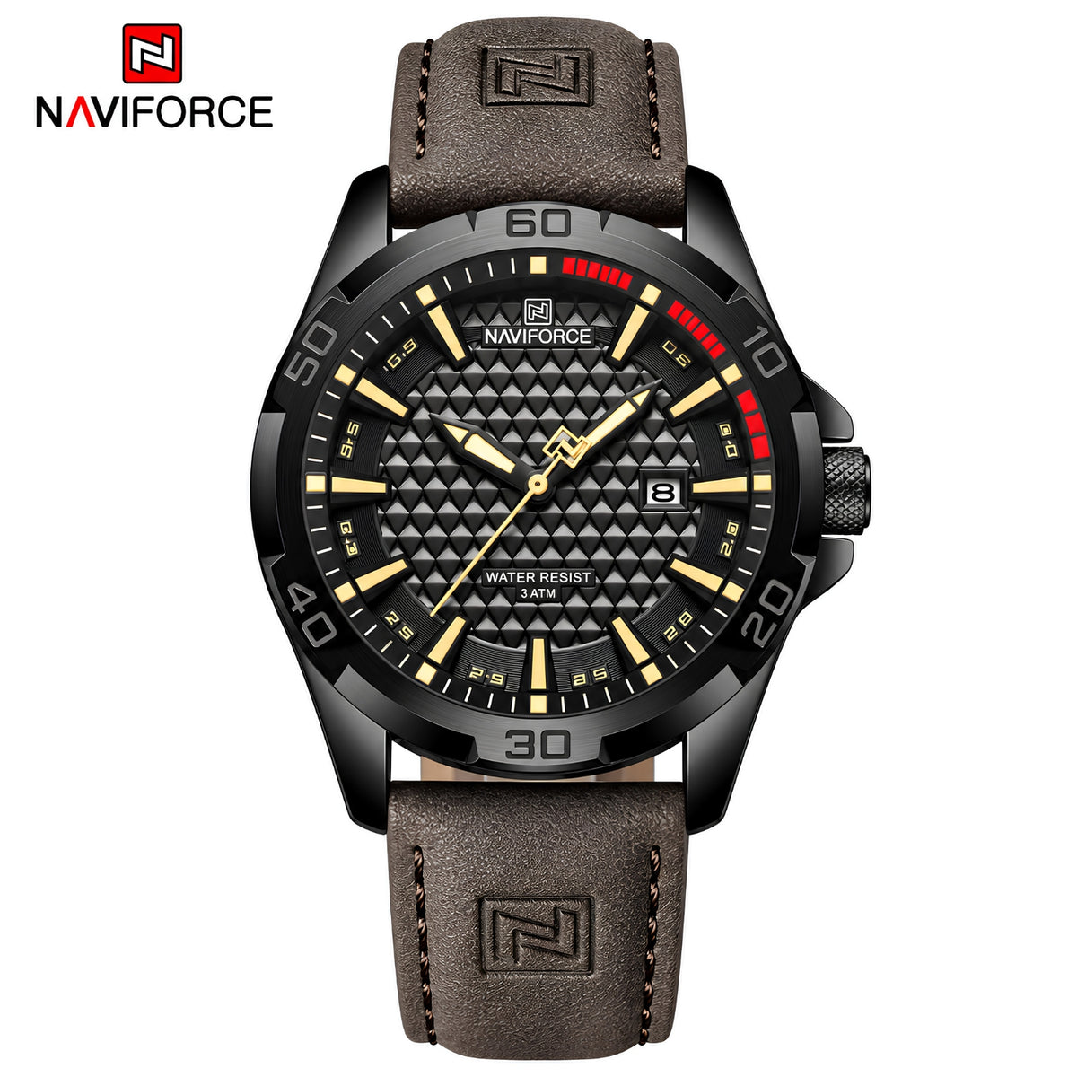 Naviforce Reloj Analógico Negro con Correa Marrón Oscuro de Cuero PU, Diámetro de 45 mm, Cristal Mineral Endurecido, Calendario y Resistencia al Agua 3 ATM.