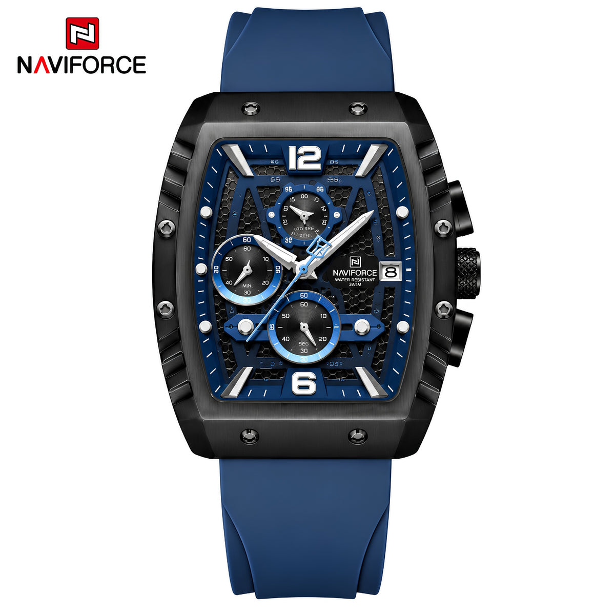 Naviforce Reloj Analógico con Caja y Esfera Negras, Detalles Azules y Correa Azul, Diseño Moderno y Elegante.