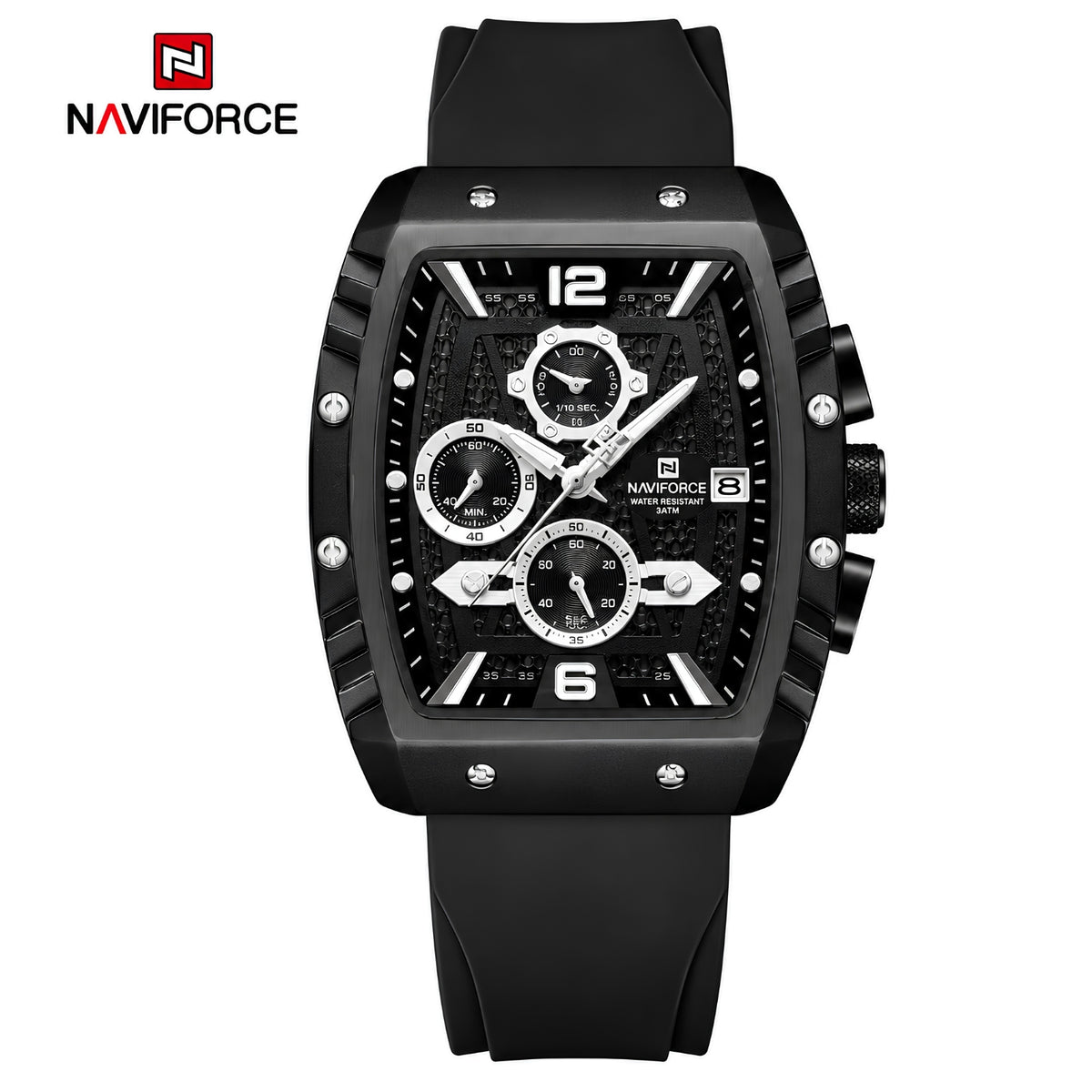 Naviforce Reloj Analógico con Esfera Negra, Detalles Plateados y Correa Negra, Diseño Moderno y Elegante.
