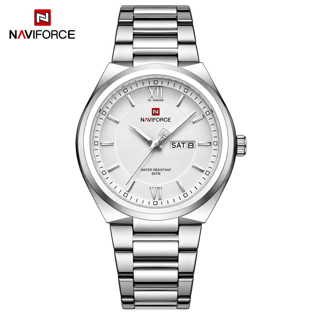 Naviforce Reloj Analógico Plateado para Hombre con Esfera Blanca y Correa de Acero Inoxidable, Diámetro de 38.5 mm, Calendario y Resistencia al Agua 3 ATM.