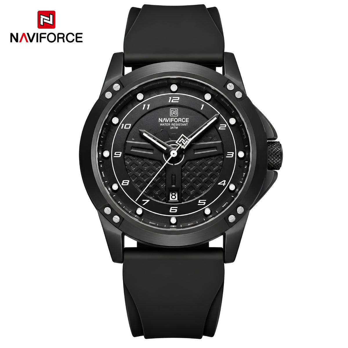Naviforce Reloj Analógico Negro con Correa de Silicona, Diámetro de 45 mm, Cristal Mineral Endurecido, Calendario y Resistencia al Agua 3 ATM.