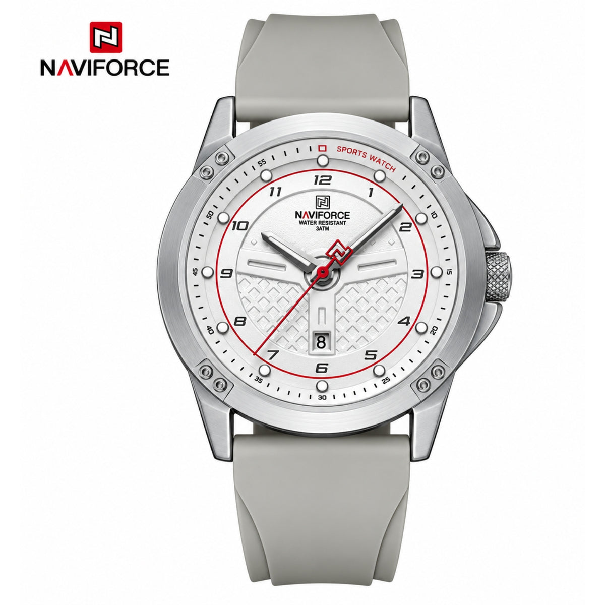 Naviforce Reloj Analógico Plateado con Esfera Blanca y Correa Gris de Silicona, Diámetro de 45 mm, Calendario y Resistencia al Agua 3 ATM.