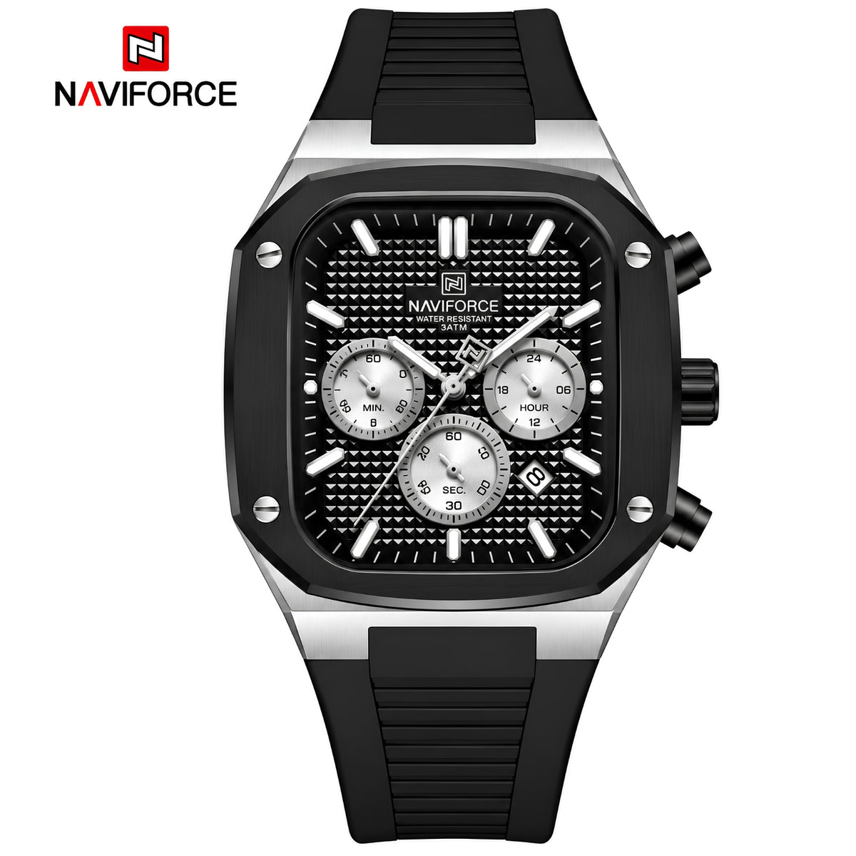Naviforce Reloj Cronógrafo Plateado y Negro con Correa Negra de Silicona, Diámetro de 43 mm, Cristal Mineral Endurecido y Resistencia al Agua 3 ATM.