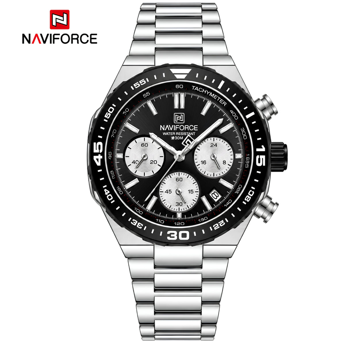 Naviforce Reloj Cronógrafo Negro con Detalles Plateados y Correa de Acero Inoxidable, Diámetro de 42 mm, Cristal Mineral Endurecido y Resistencia al Agua 3 ATM.