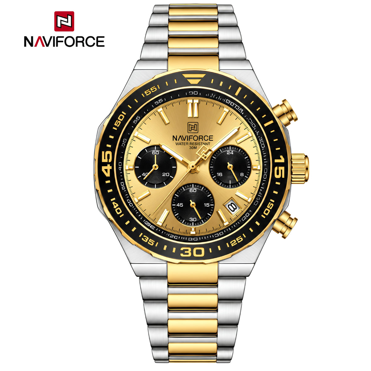 Naviforce Reloj Cronógrafo Dorado con Detalles Plateados y Correa de Acero Inoxidable, Diámetro de 42 mm, Cristal Mineral Endurecido y Resistencia al Agua 3 ATM.