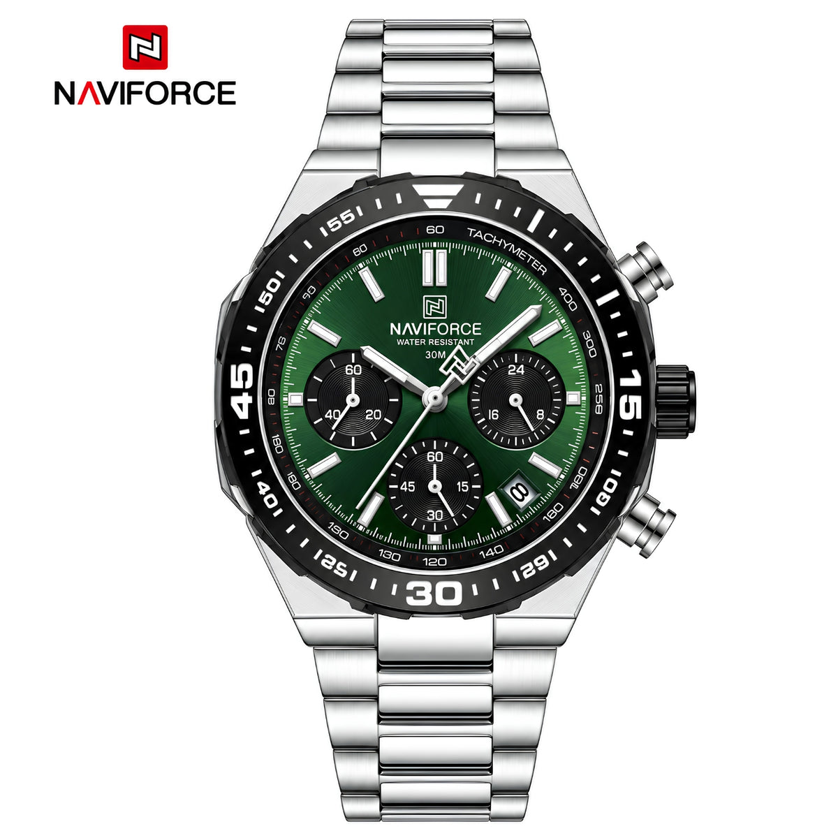 Naviforce Reloj Cronógrafo Verde con Detalles Plateados y Correa de Acero Inoxidable, Diámetro de 42 mm, Cristal Mineral Endurecido y Resistencia al Agua 3 ATM.