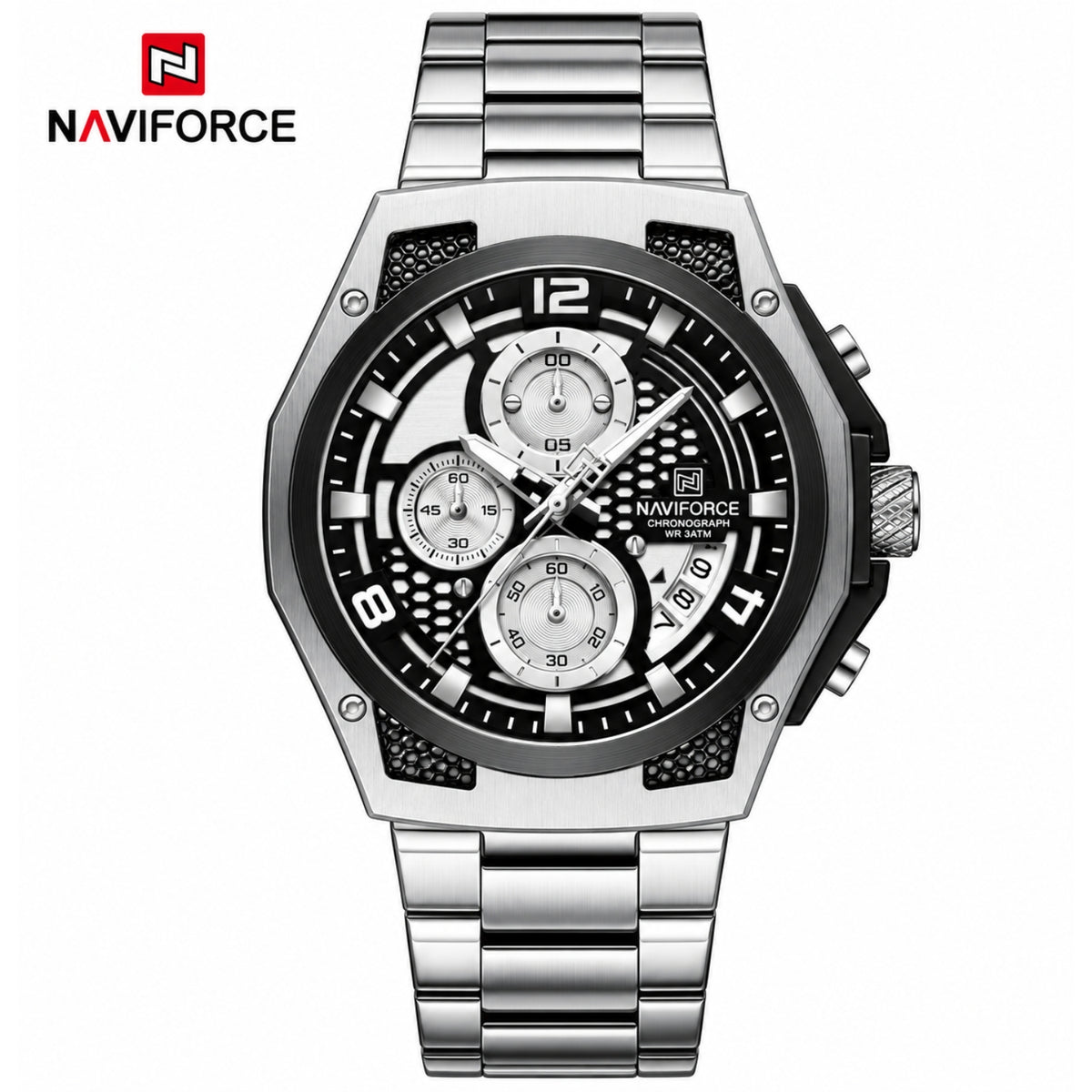 Naviforce Reloj Analógico Cronógrafo de Hombre con Esfera Blanca y Negra Ø44 mm, Correa de Acero Inoxidable, Cristal Mineral Endurecido y Resistencia al Agua 3 ATM