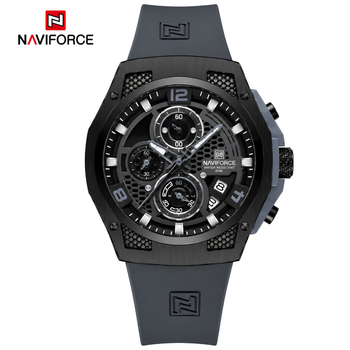 Naviforce Reloj Cronógrafo Negro con Detalles Grises, Correa de Silicona, Diámetro de 44 mm, Cristal Mineral Endurecido y Resistencia al Agua 3 ATM.