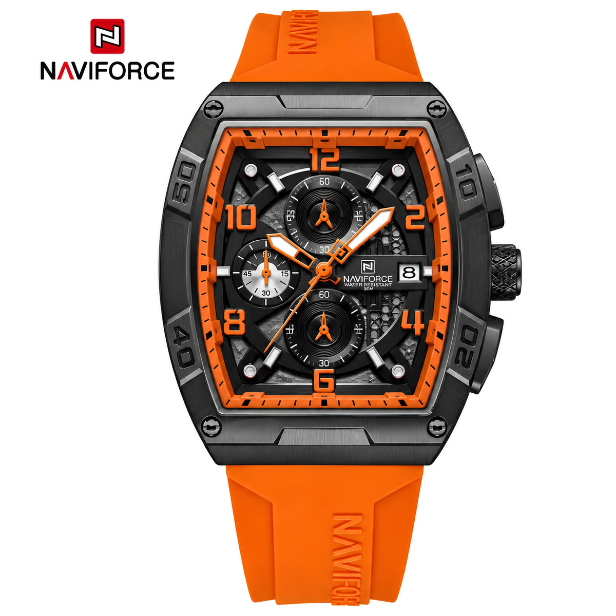 Naviforce Reloj Cronógrafo Naranja con Detalles Negros, Correa de Silicona, Diámetro de 44 mm, Cristal Mineral Endurecido y Resistencia al Agua 3 ATM.