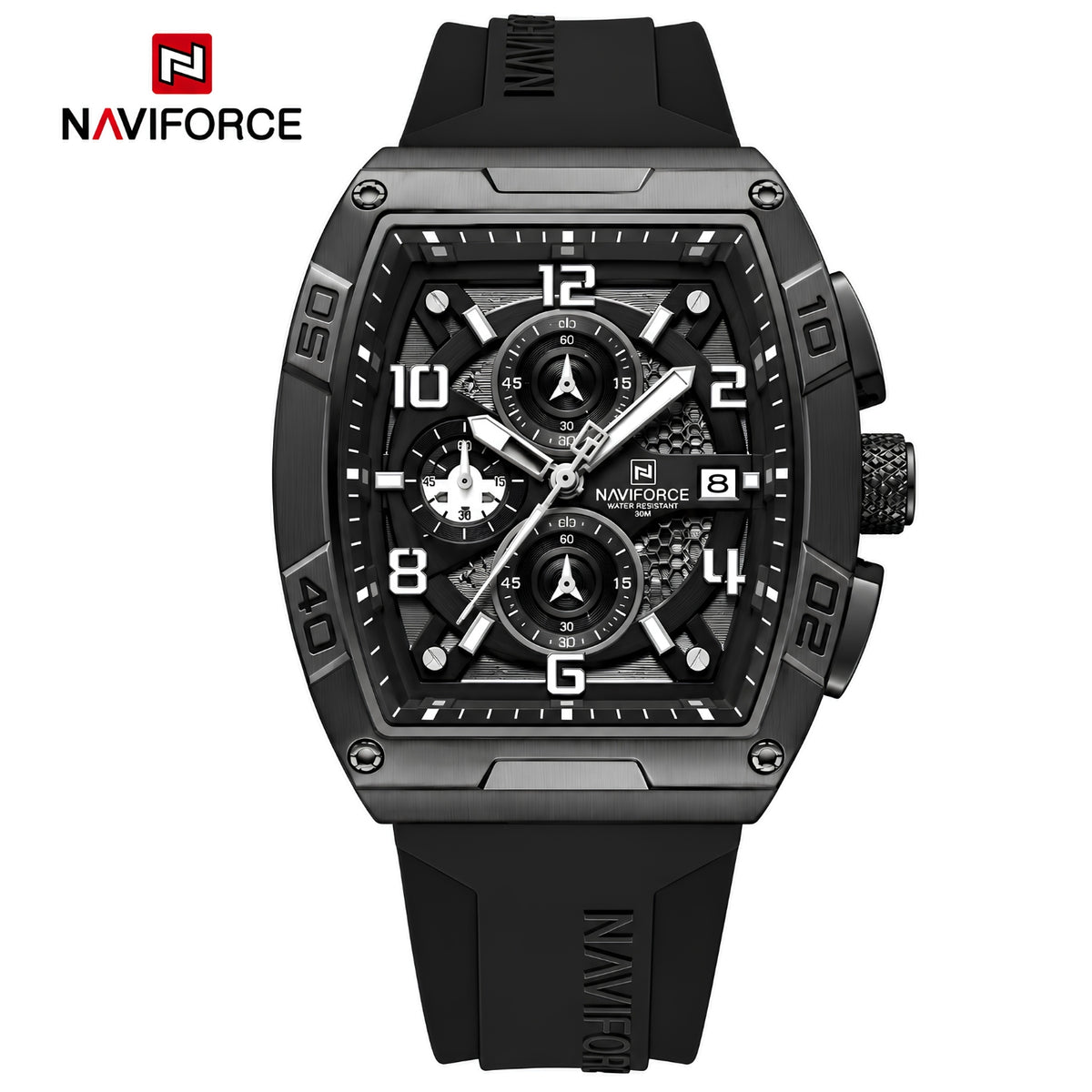 Naviforce Reloj Cronógrafo Blanco con Detalles Negros, Correa de Silicona, Diámetro de 44 mm, Cristal Mineral Endurecido y Resistencia al Agua 3 ATM.