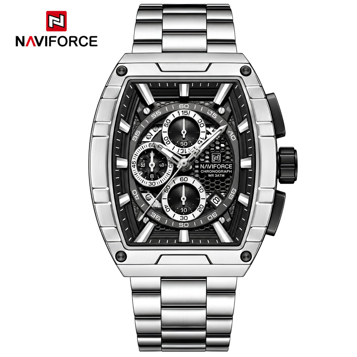 Naviforce Reloj Analógico Cronógrafo de Hombre con Esfera Rectangular Verde Ø44 mm, Correa de Acero Inoxidable, Cristal Mineral Endurecido y Resistencia al Agua 3 ATM