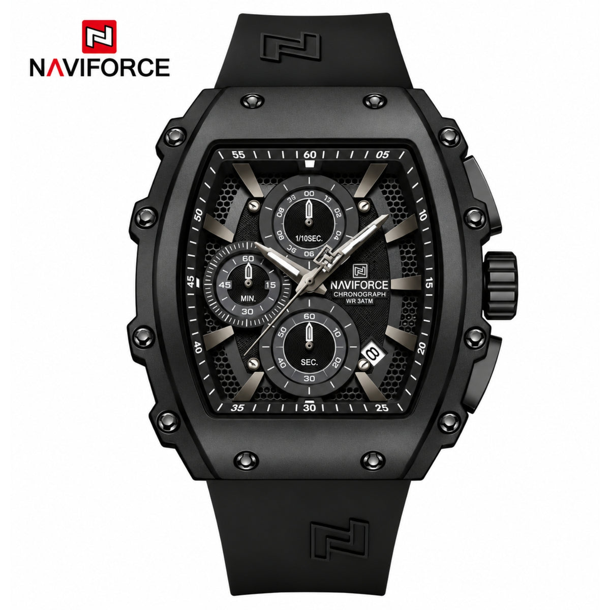 Naviforce Reloj de Cuarzo Negro 3 ATM con Cronógrafo, Correa de Silicona y Diámetro de 43mm.