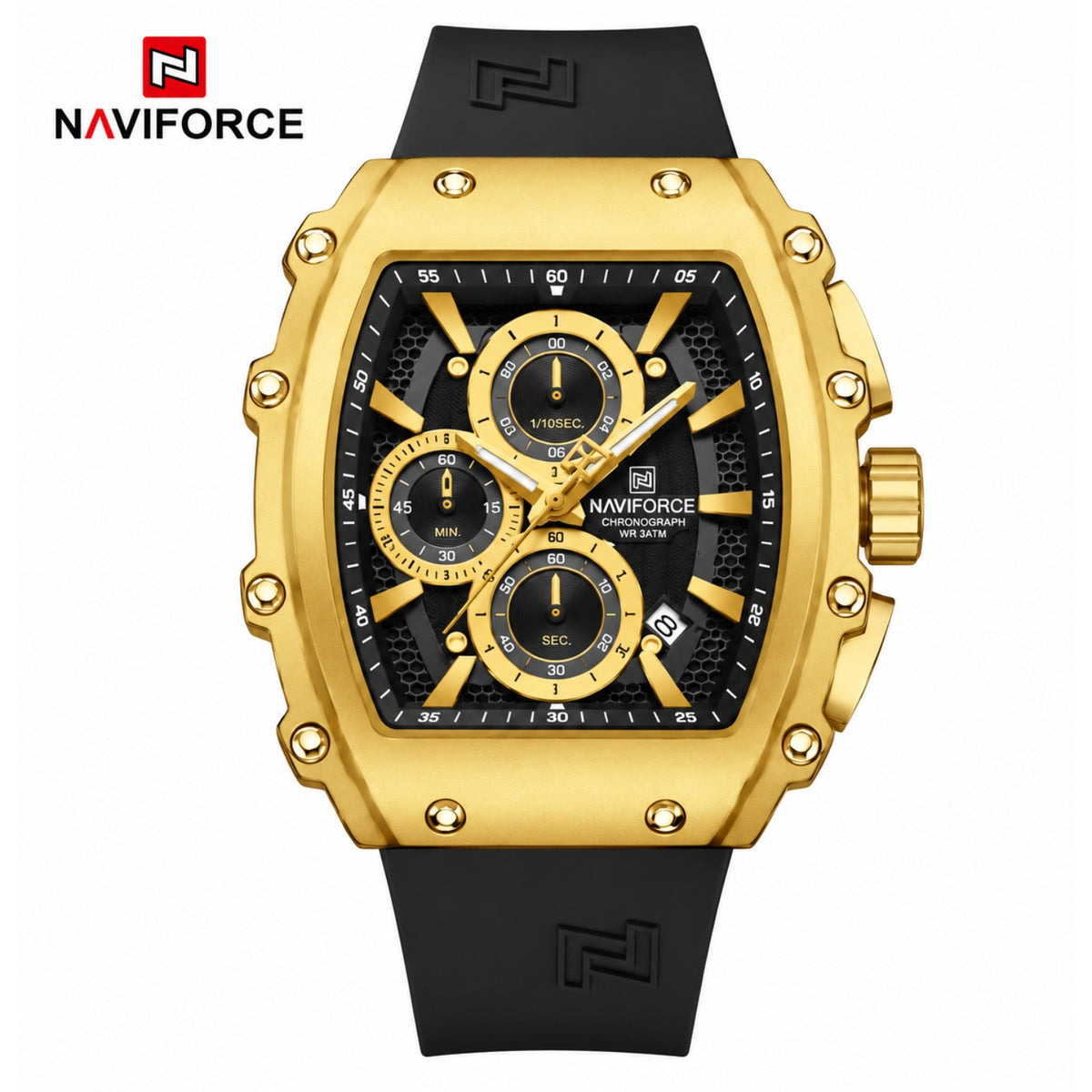 Naviforce Reloj de Cuarzo Negro y Dorado 3 ATM con Cronógrafo, Correa de Silicona y Diámetro de 43mm.