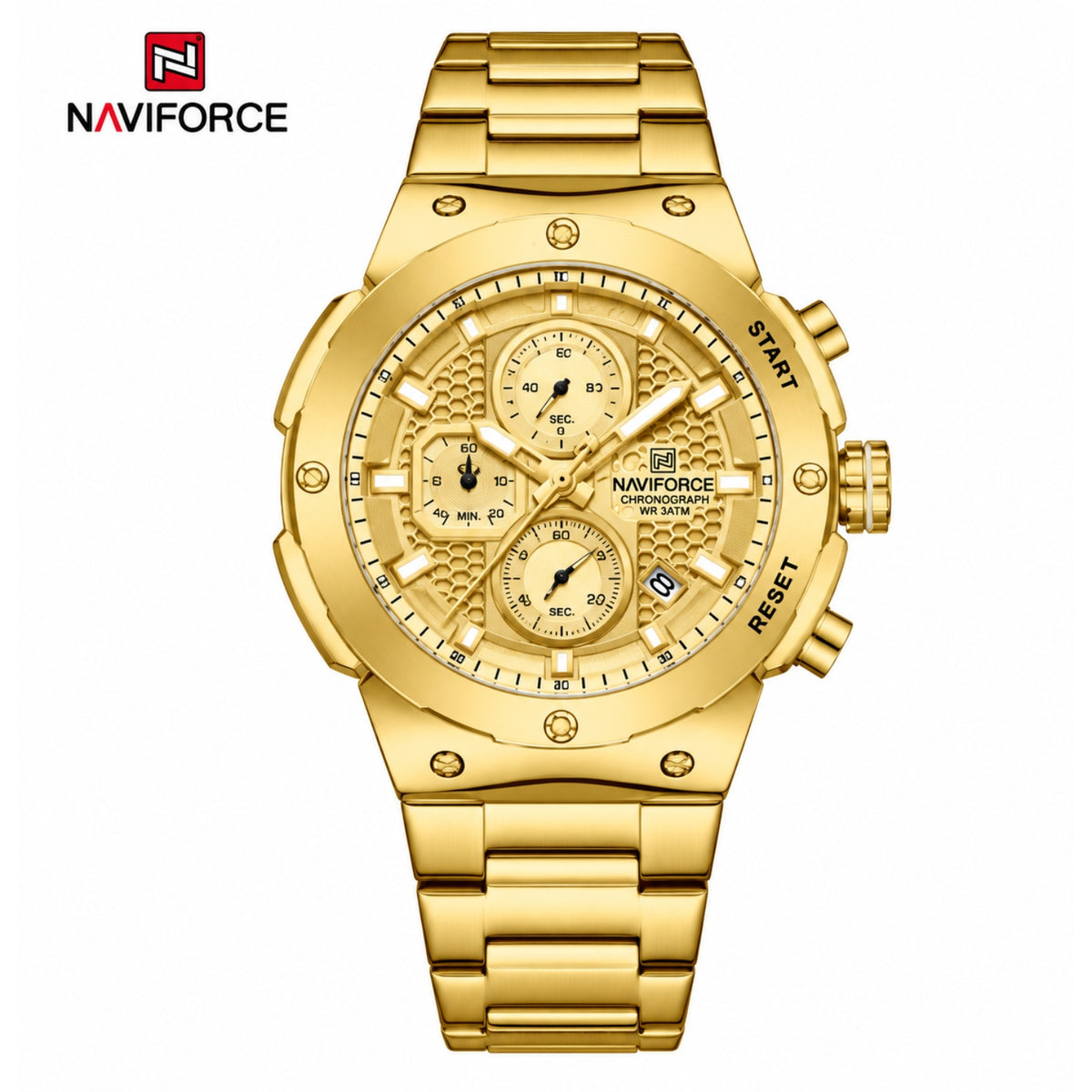 Naviforce Reloj Cronógrafo Analógico para Hombre, Esfera Dorada Ø43 mm, Correa de Acero Inoxidable, Cristal Mineral Endurecido y Resistencia al Agua 3 ATM