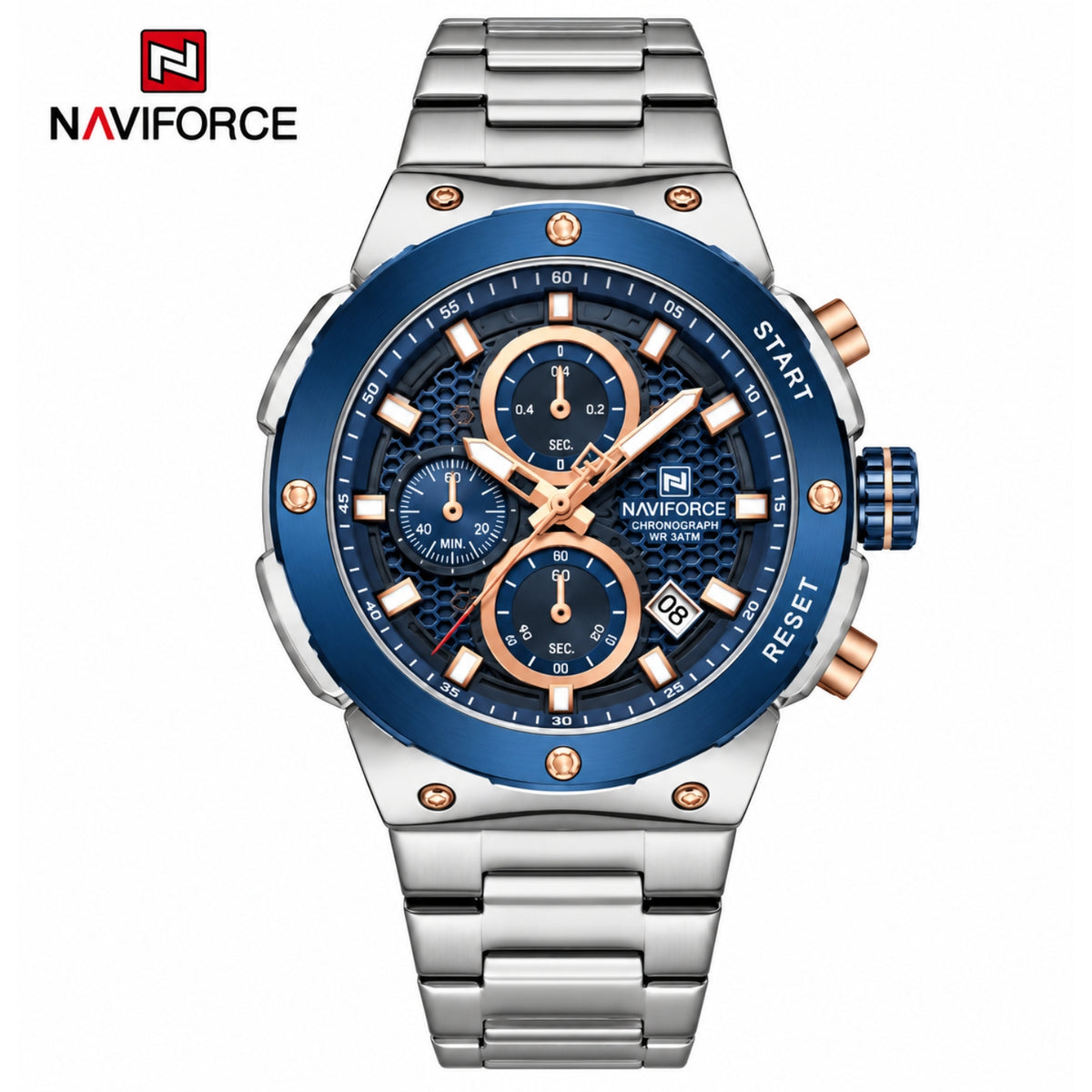 Naviforce Reloj Analógico Cronógrafo de Hombre Esfera Azul con Correa de Acero Inoxidable, Diámetro de 43 mm, Cristal Mineral Endurecido y Resistencia al Agua 3 ATM.