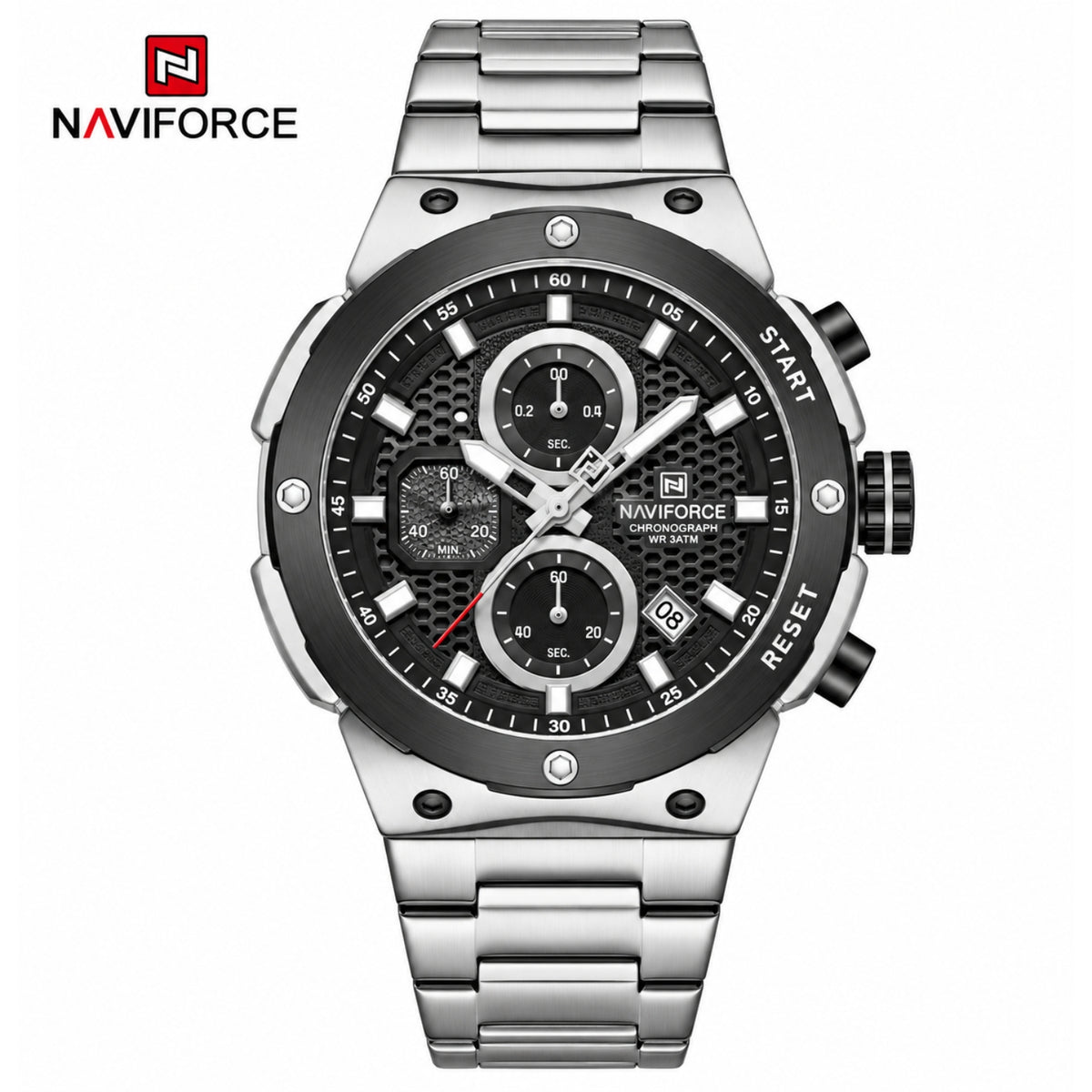 Naviforce Reloj Analógico Cronógrafo de Hombre Esfera Negra con Correa de Acero Inoxidable, Diámetro de 43 mm, Cristal Mineral Endurecido y Resistencia al Agua 3 ATM.