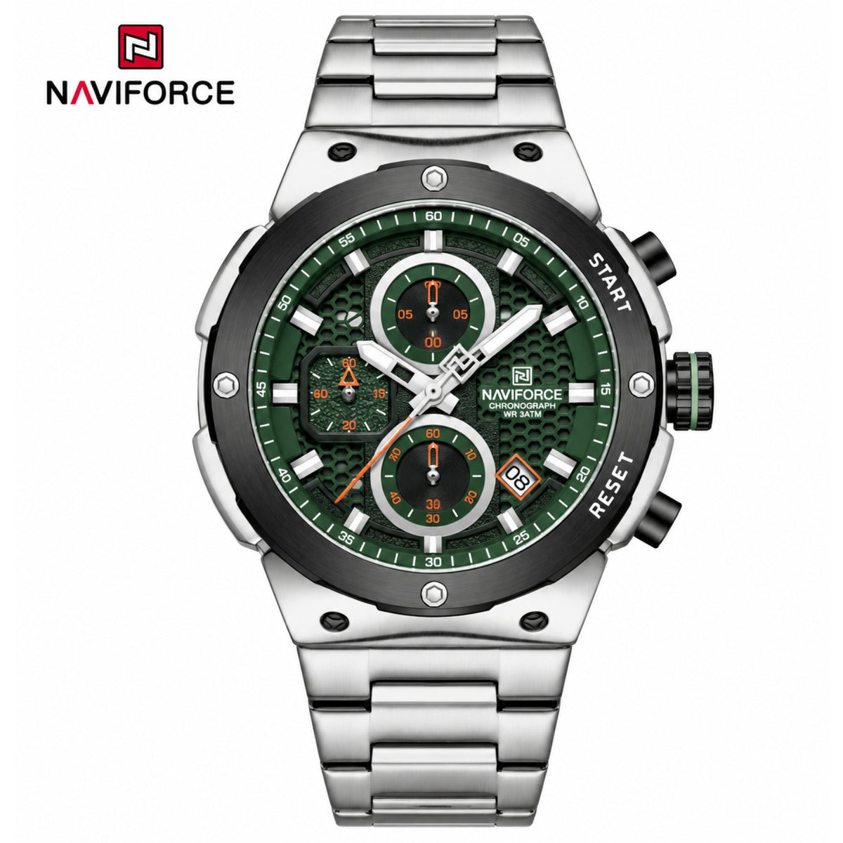 Naviforce Reloj Analógico Cronógrafo de Hombre Esfera Verde con Correa de Acero Inoxidable, Diámetro de 43 mm, Cristal Mineral Endurecido y Resistencia al Agua 3 ATM.