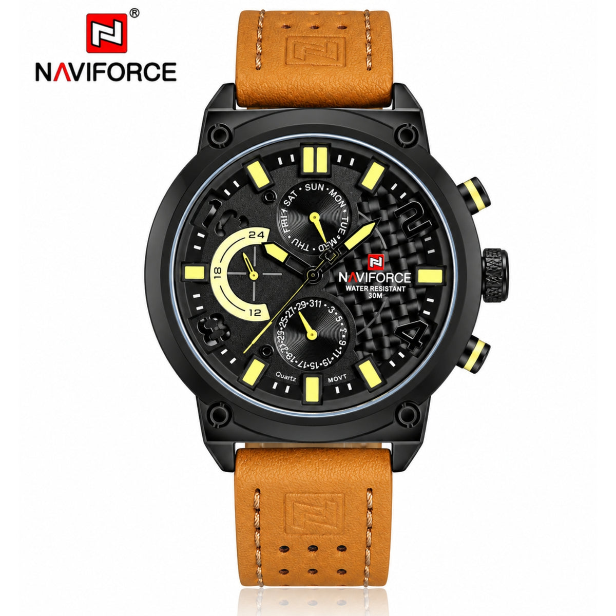 Naviforce Reloj Analógico Multifunción Negro para Hombre con Correa Marrón, Diámetro de 48 mm, Cristal Mineral Endurecido y Resistencia al Agua 3 ATM.