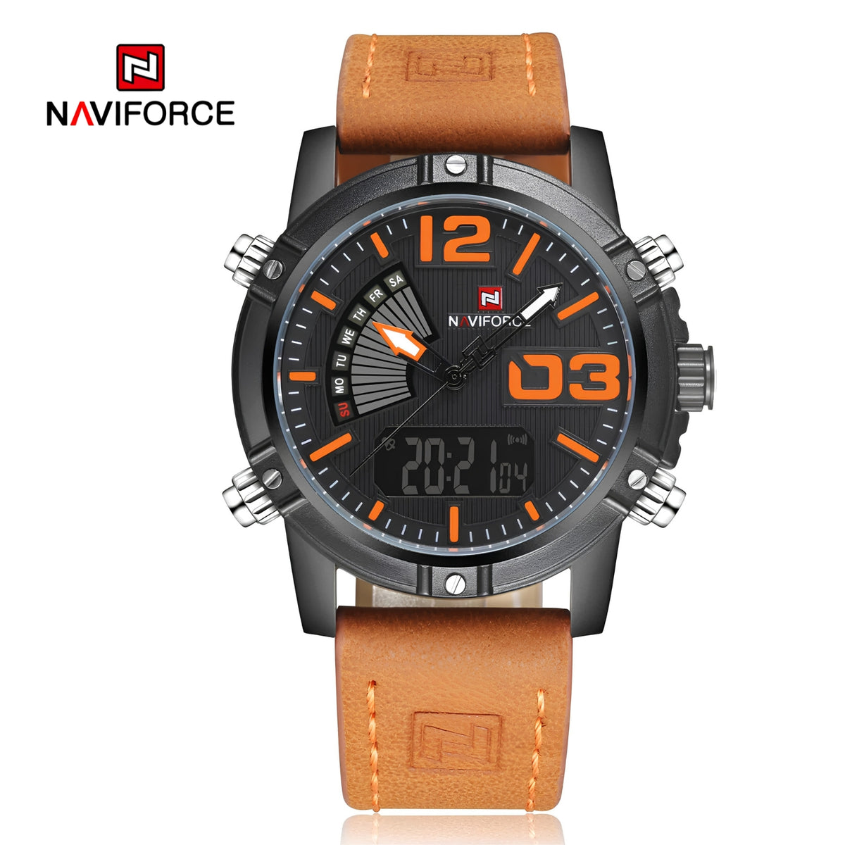 Naviforce Reloj Analógico y Digital Negro con Correa Marrón de Cuero Genuino, Diámetro de 45 mm, Cristal Mineral Endurecido y Resistencia al Agua 3 ATM.