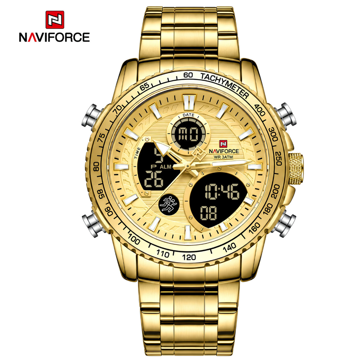 Naviforce Reloj Analógico y Digital en Color Dorado con Correa de Acero Inoxidable, Diámetro de 45.5 mm y Resistencia al Agua 3 ATM.