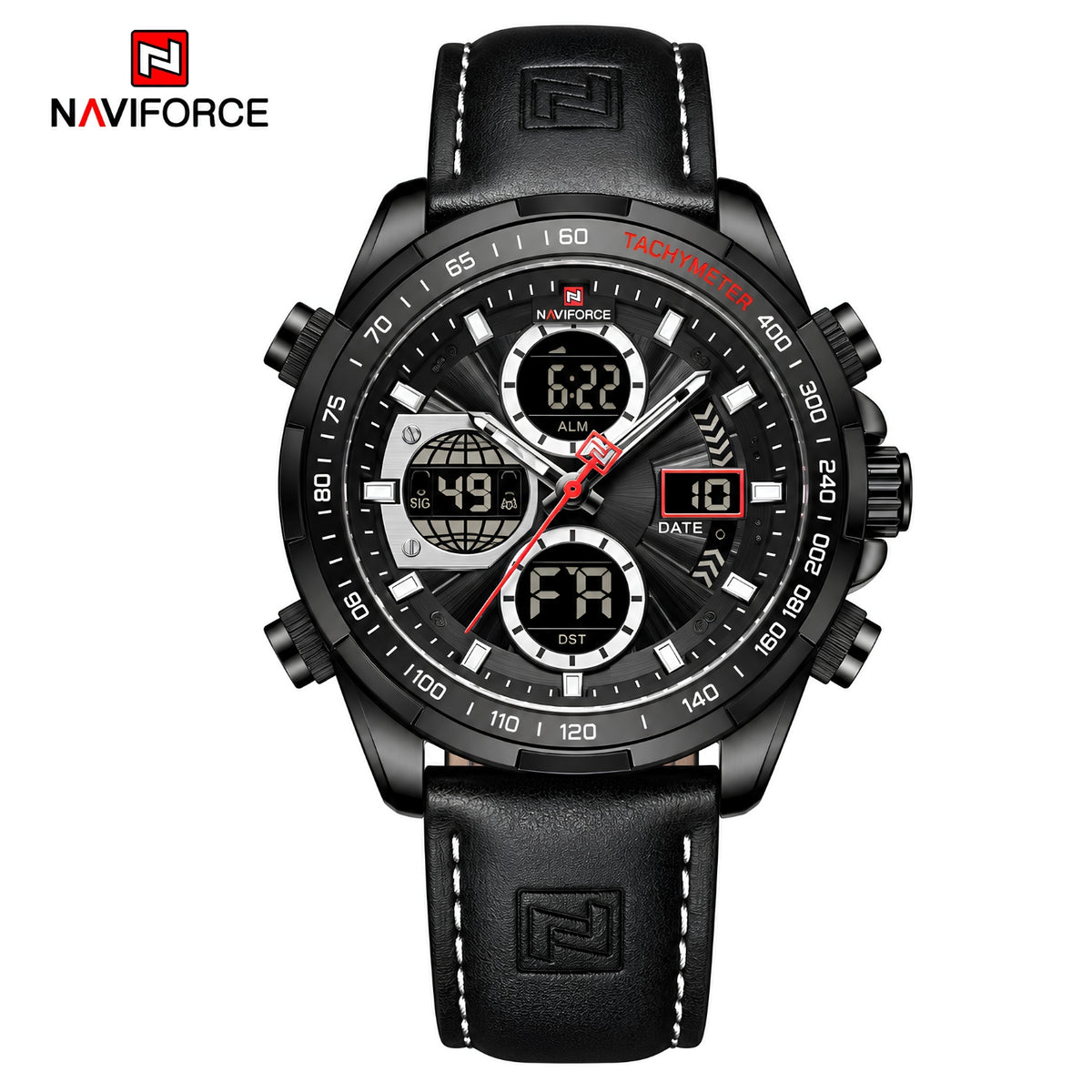 Naviforce Reloj Analógico y Digital Negro con Correa Negra de Cuero Genuino, Diámetro de 46 mm, Cristal Mineral Endurecido y Resistencia al Agua 3 ATM.