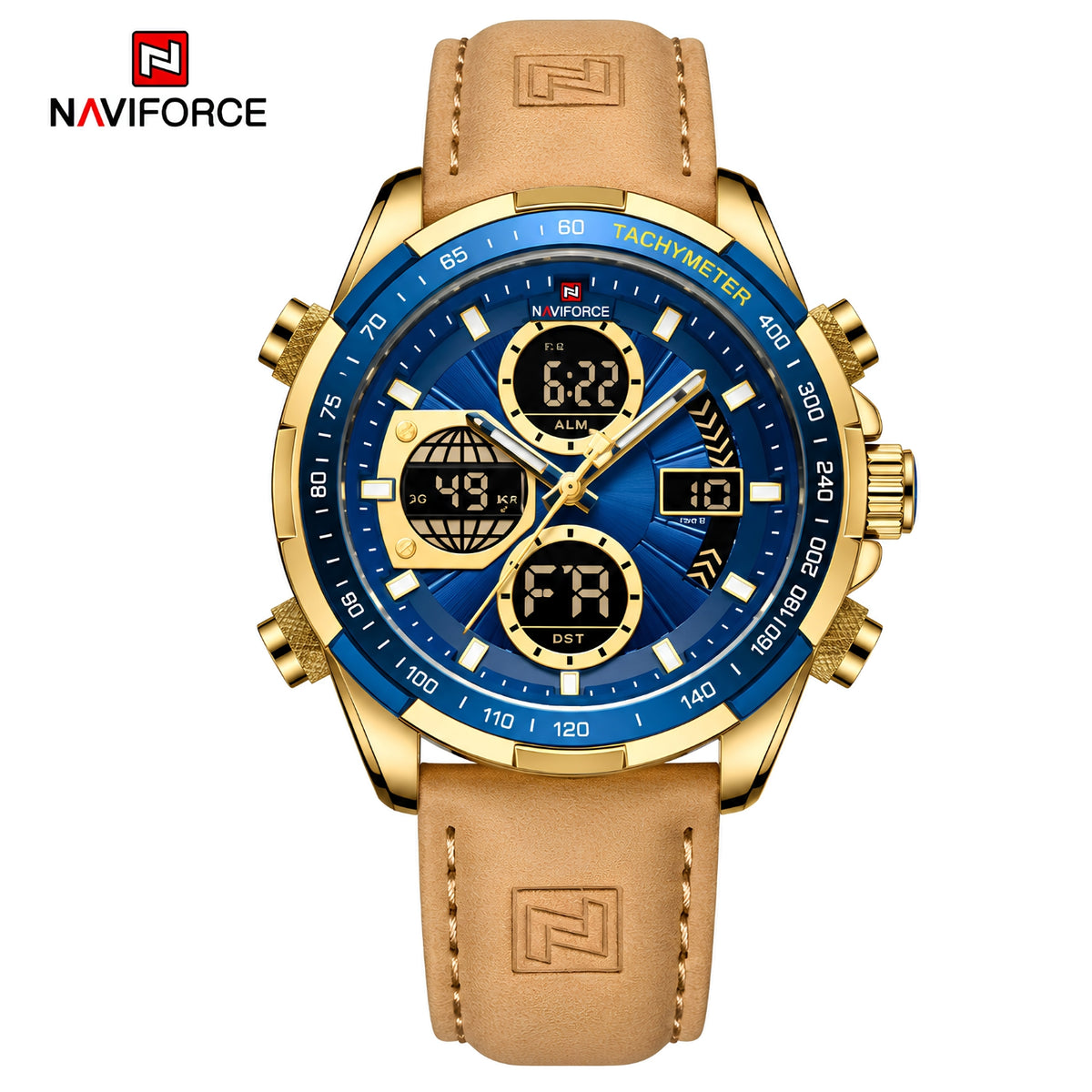 Naviforce Reloj Analógico y Digital Dorado con Esfera Azul y Correa Marrón Oscuro de Cuero Genuino, Diámetro de 46 mm, Cristal Mineral Endurecido y Resistencia al Agua 3 ATM.