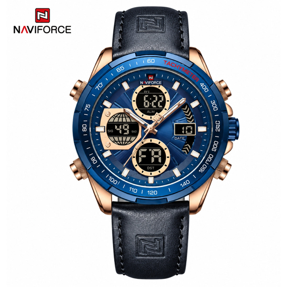 Naviforce Reloj Analógico y Digital Azul con Correa Azul de Cuero Genuino, Diámetro de 46 mm, Cristal Mineral Endurecido y Resistencia al Agua 3 ATM.