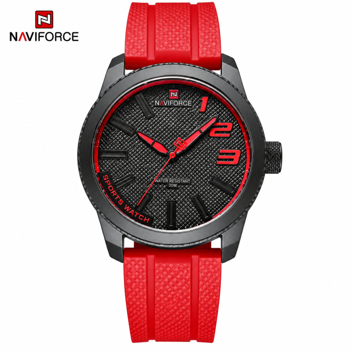 Naviforce Reloj Analógico Negro con Detalles y Correa Roja de TPU, Diámetro de 46 mm, Cristal Mineral Endurecido y Resistencia al Agua 3 ATM.