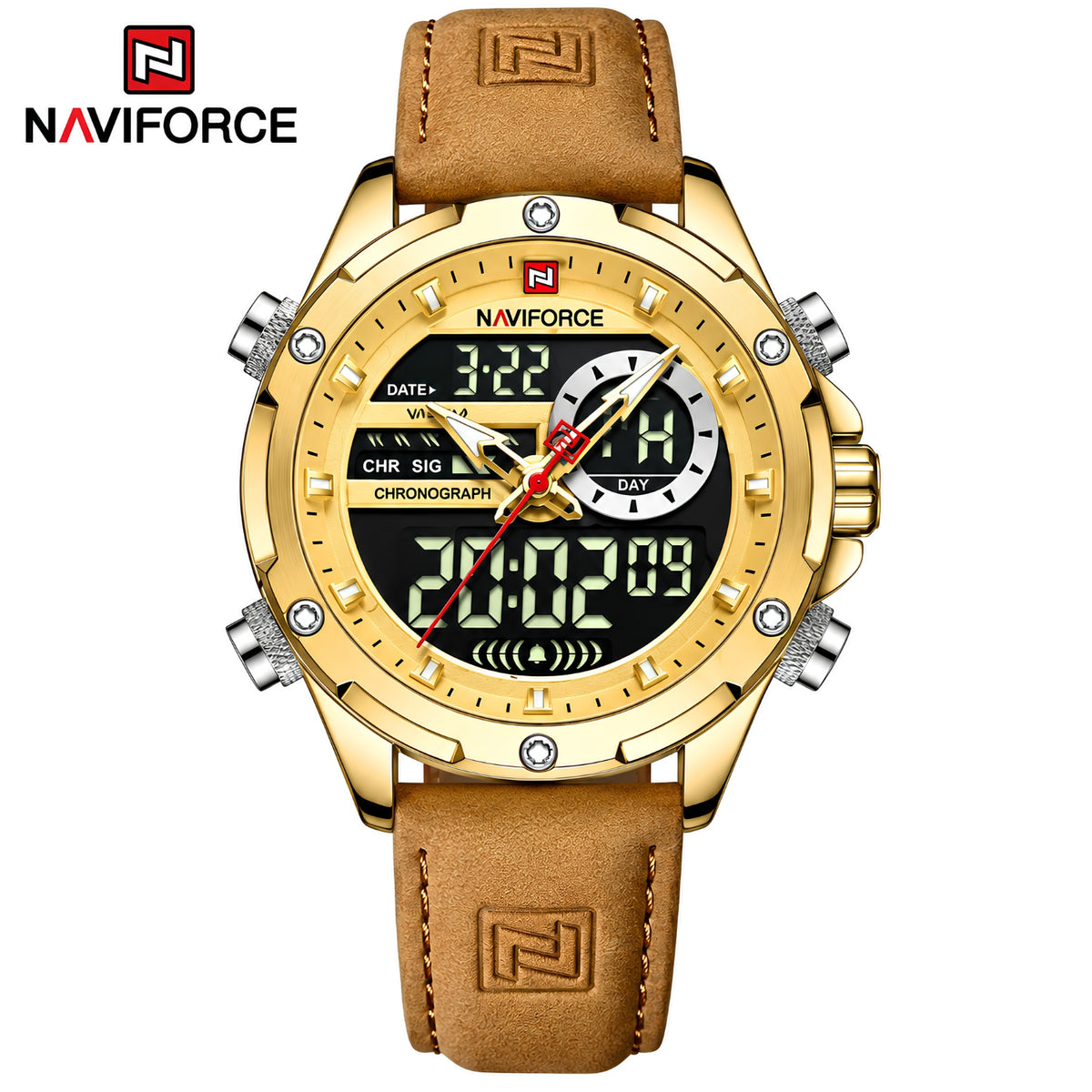 Naviforce Reloj Analógico y Digital Dorado con Correa Marrón Claro de Cuero Genuino, Diámetro de 45 mm, Cristal Mineral Endurecido y Resistencia al Agua 3 ATM.