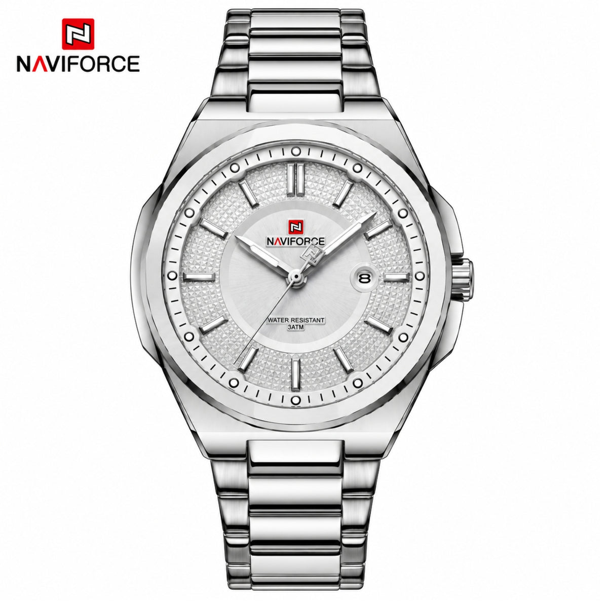 Naviforce Reloj Analógico Plateado con Esfera Blanca y Correa de Acero Inoxidable, Diámetro de 43 mm y Resistencia al Agua 3 ATM.