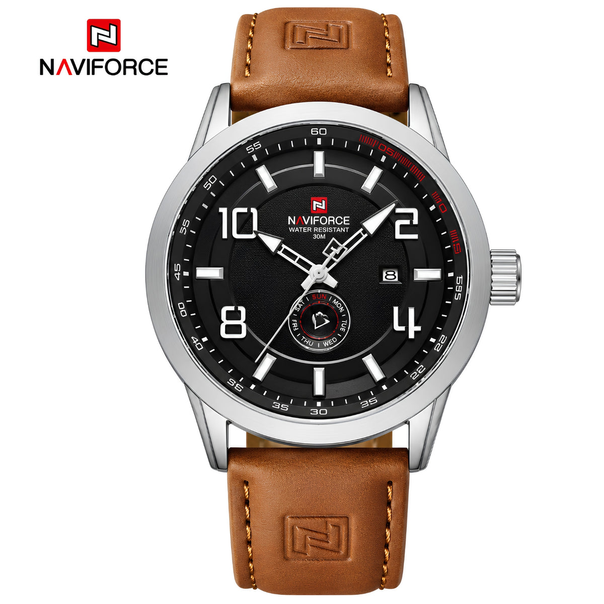 Naviforce Reloj Analógico Plateado con Esfera Blanca y Correa Marrón Claro de Cuero PU, Diámetro de 46 mm, Cristal Mineral Endurecido y Resistencia al Agua 3 ATM.