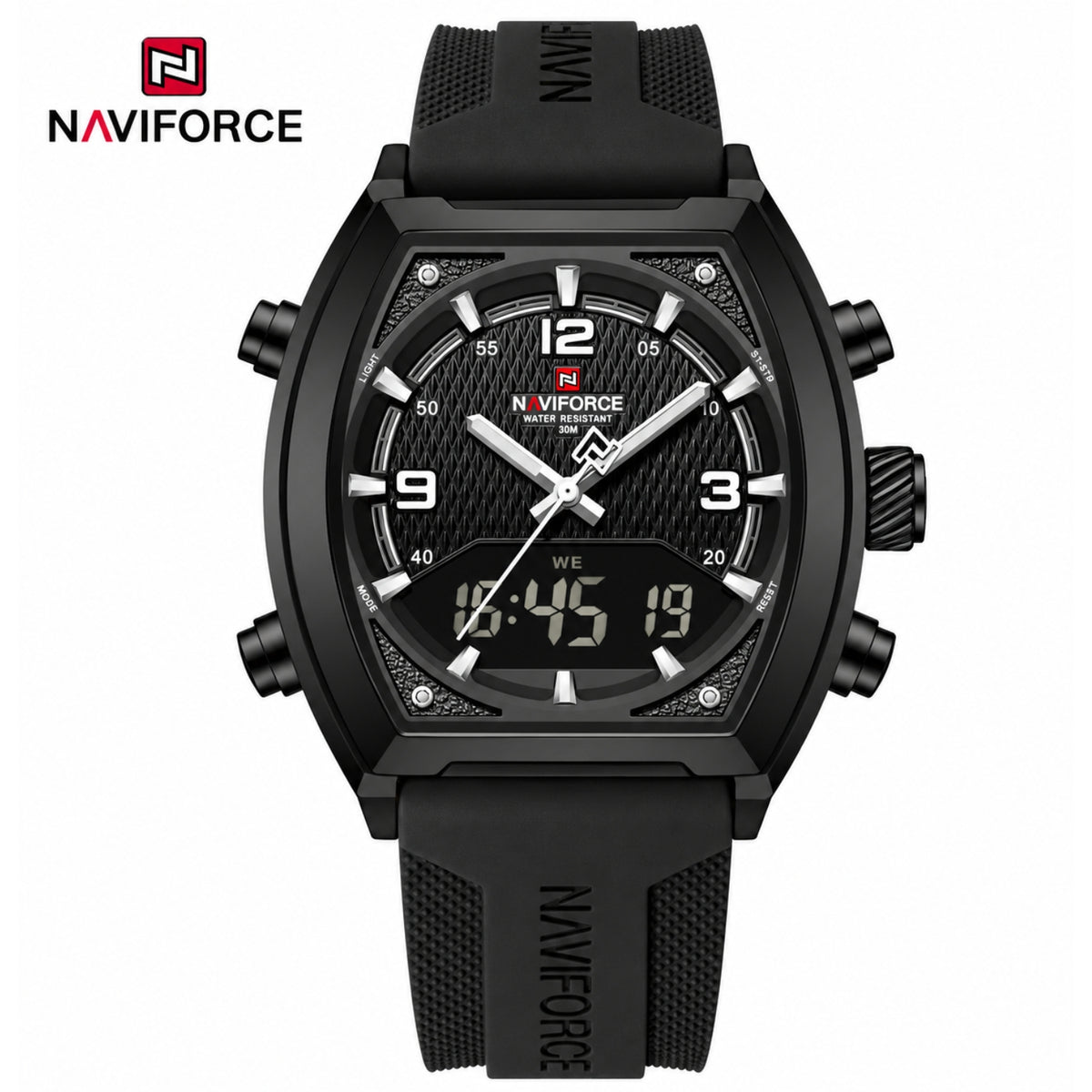 Naviforce Reloj Analógico y Digital para Hombre, Esfera Negra Ø43 mm, Correa de Silicona, Cristal Mineral Endurecido y Resistencia al Agua 3 ATM