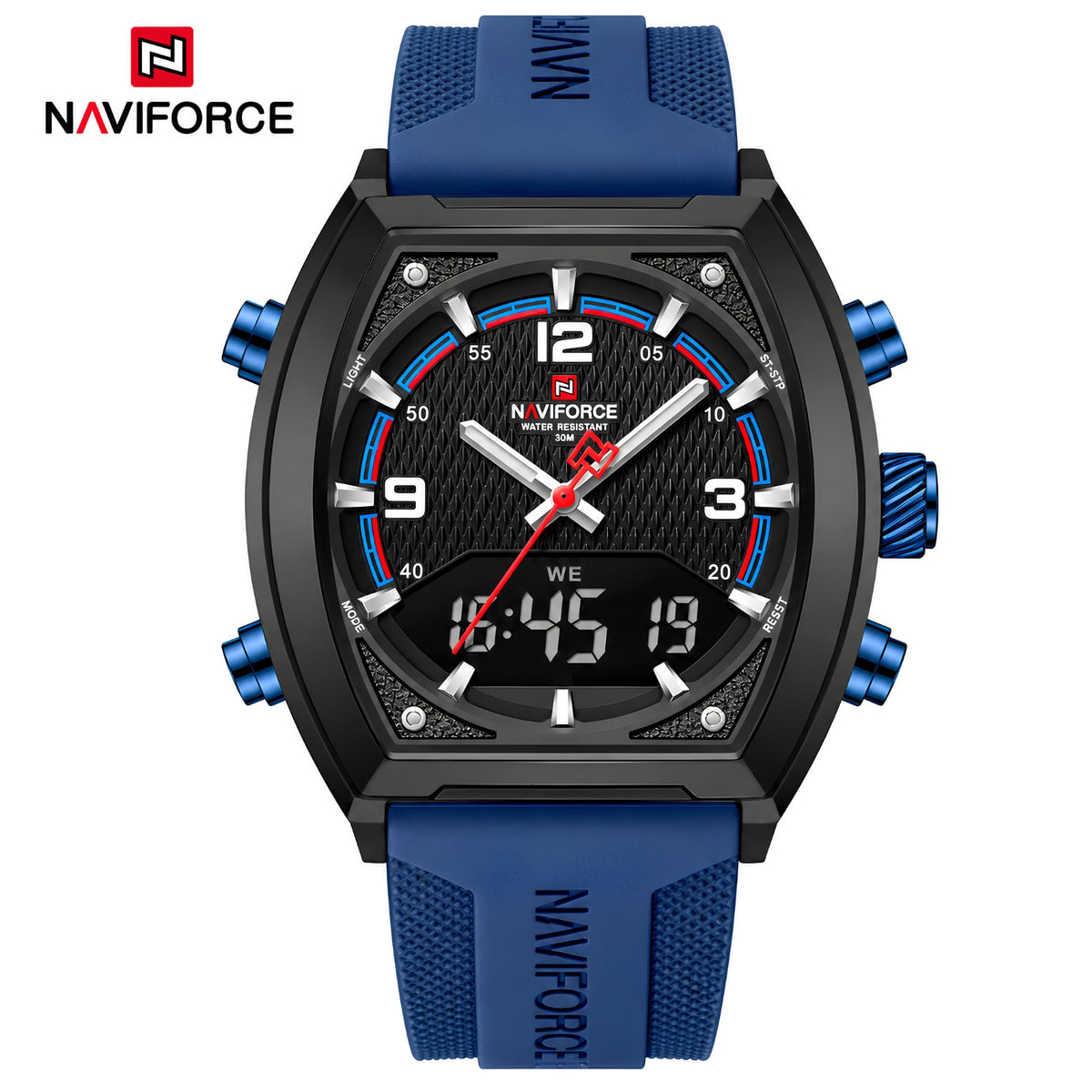 Naviforce Reloj Analógico y Digital de Hombre con Esfera Negra Ø43 mm, Correa de Silicona Azul Oscuro, Cristal Mineral Endurecido y Resistencia al Agua 3 ATM