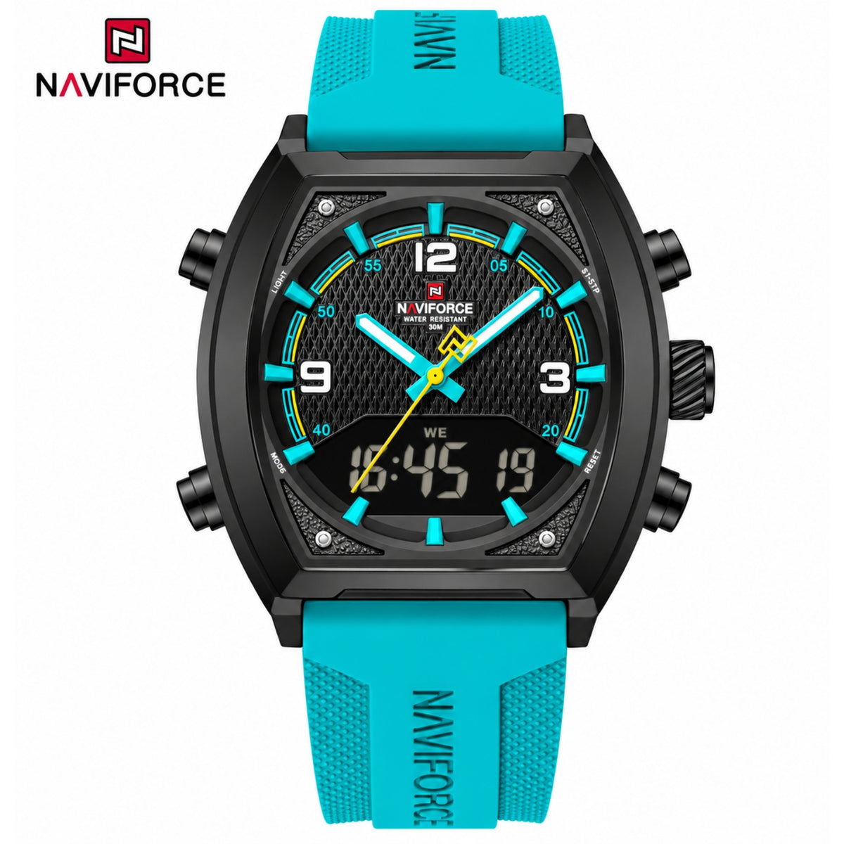 Naviforce Reloj Analógico y Digital de Hombre con Esfera Negra Ø43 mm, Correa de Silicona Turquesa, Cristal Mineral Endurecido y Resistencia al Agua 3 ATM