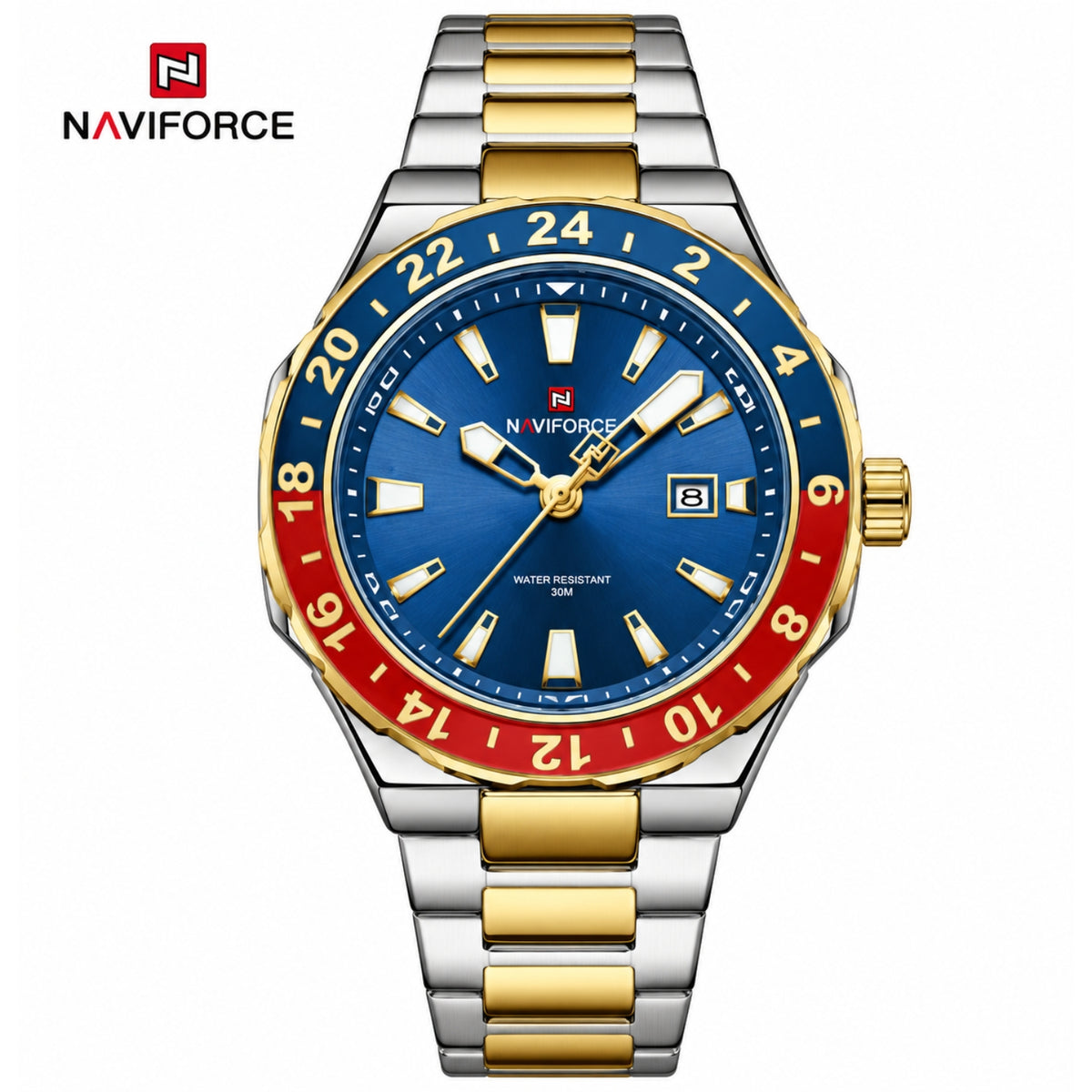 Naviforce Reloj de Cuarzo Azul y Rojo 3 ATM con Calendario, Correa Bicolor de Acero Inoxidable y Diámetro de 42mm.