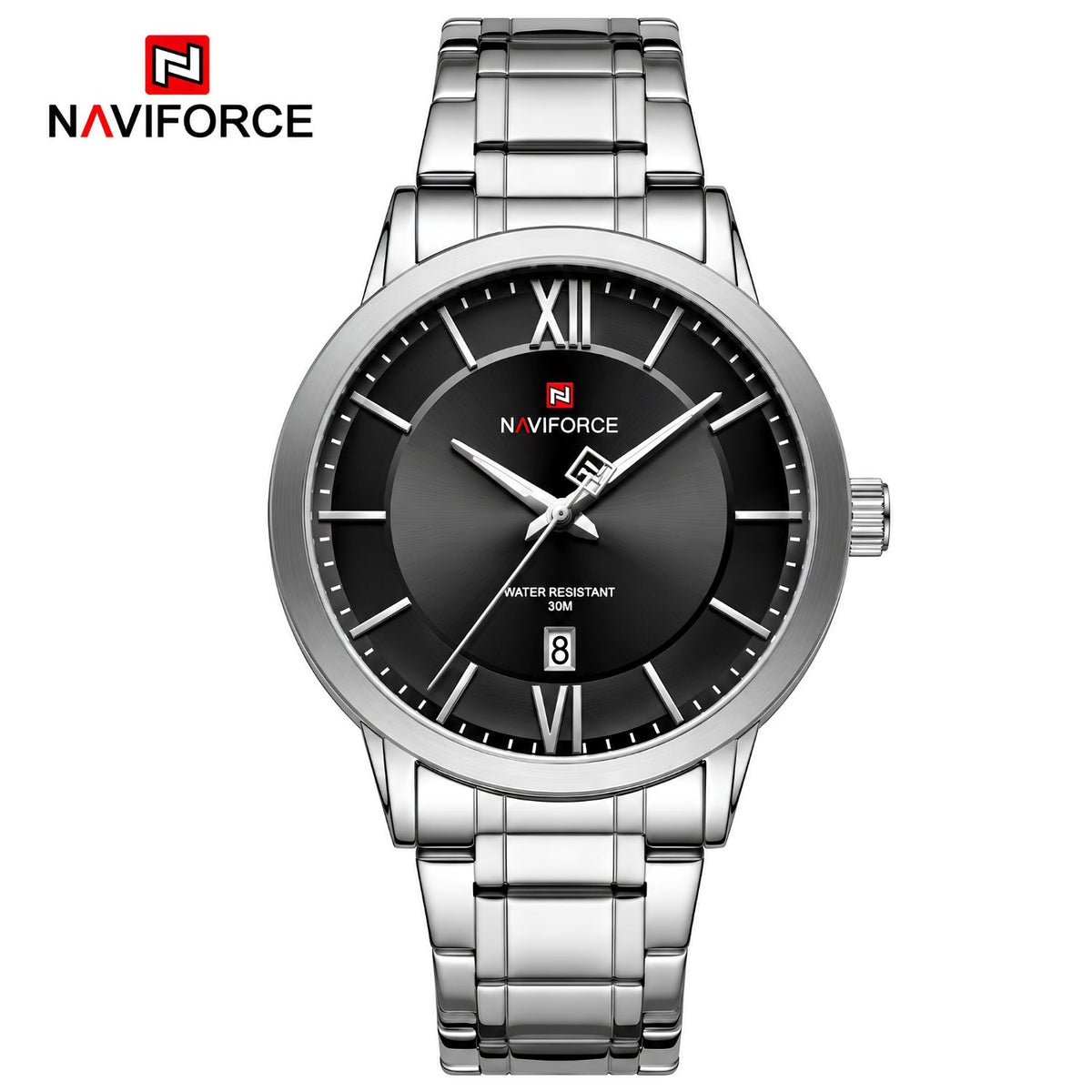 Naviforce Reloj de Cuarzo Negro con Calendario, Correa de Acero Inoxidable, Diámetro de 40 mm y Resistencia al Agua 3 ATM.