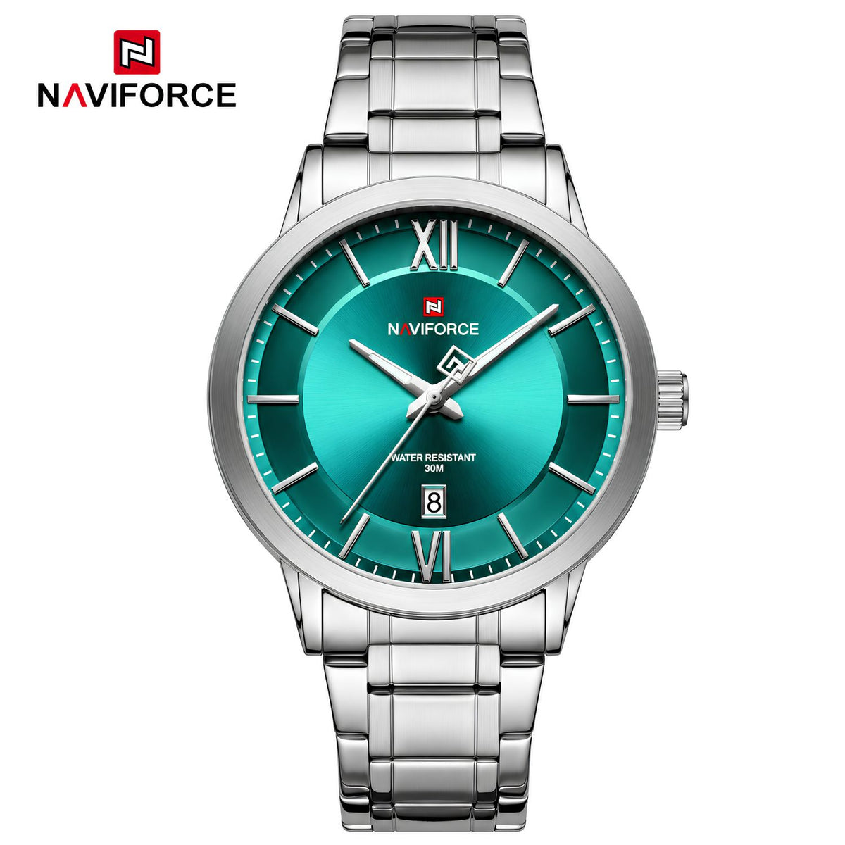 Naviforce Reloj de Cuarzo Verde y Plateado 3 ATM con Calendario, Correa de Acero Inoxidable y Diámetro de 40mm.